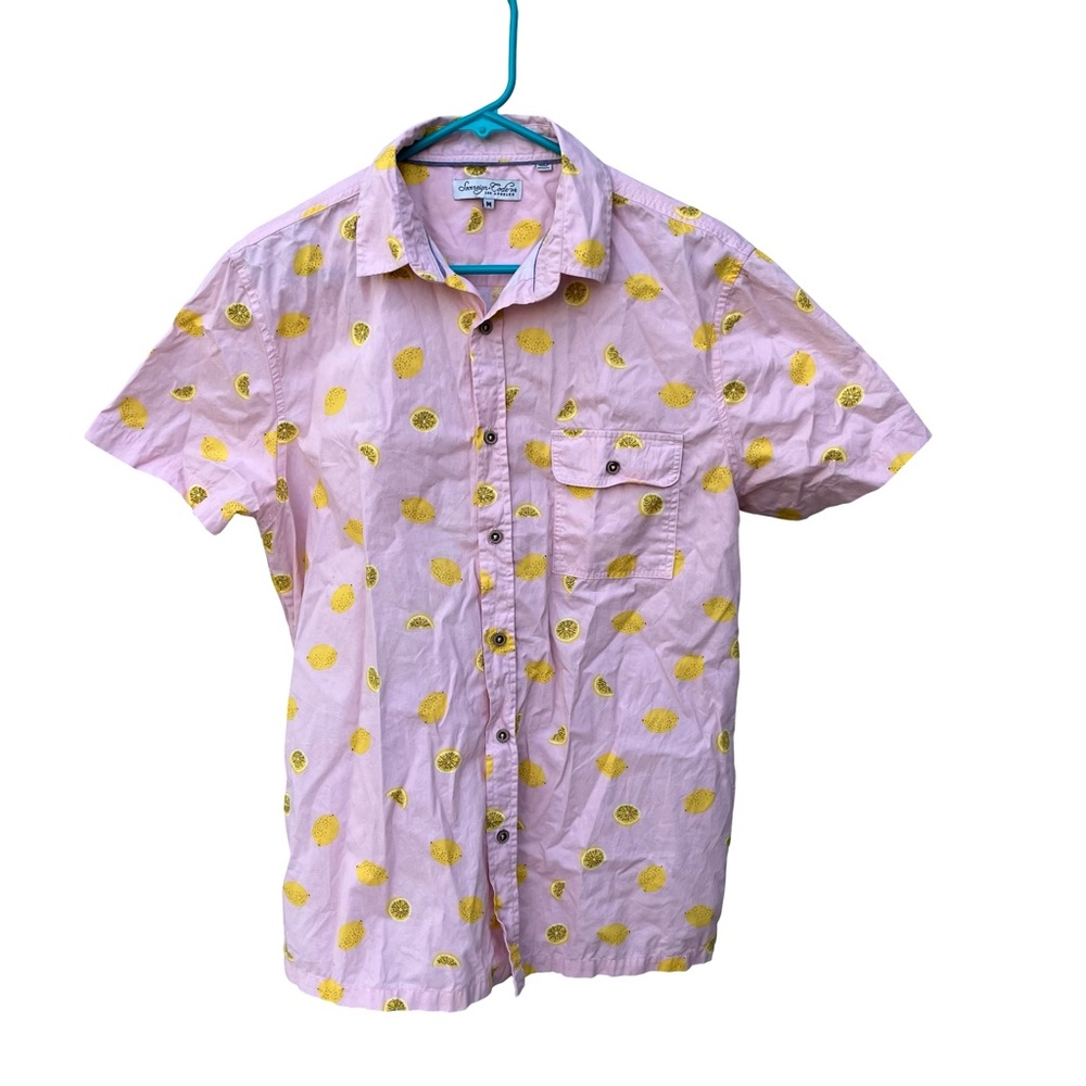Sovereign Code Button Down Shirt Medium Pink Lemons Yellow Spring Fun Summer